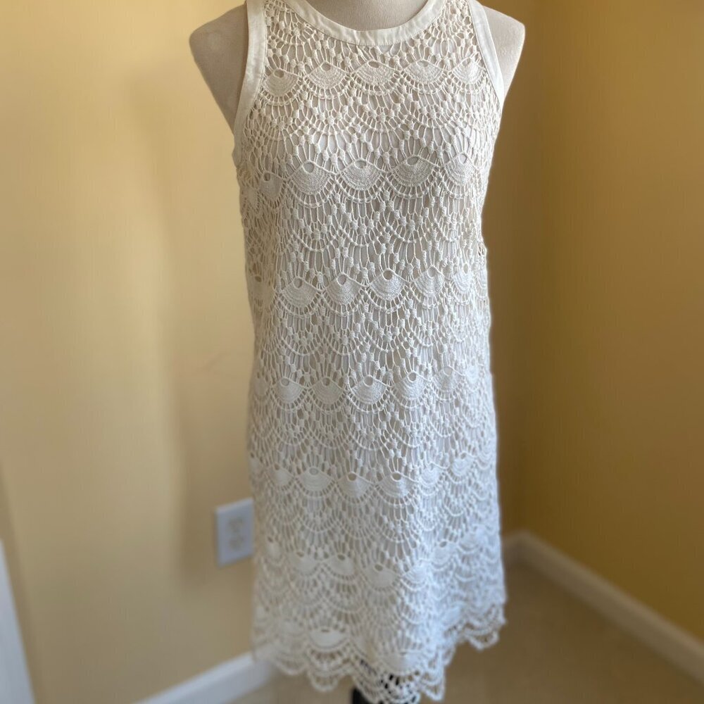 NWT Loft Ivory White Scalloped Lace Crochet Sleeveless Lined Shift Dress Size 2 - Picture 1 of 13